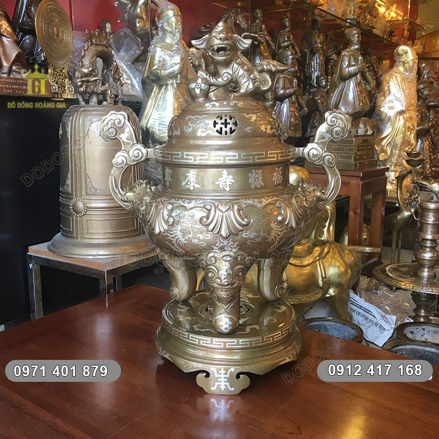 Đỉnh đồng khảm tam kh&iacute; cao 60cm